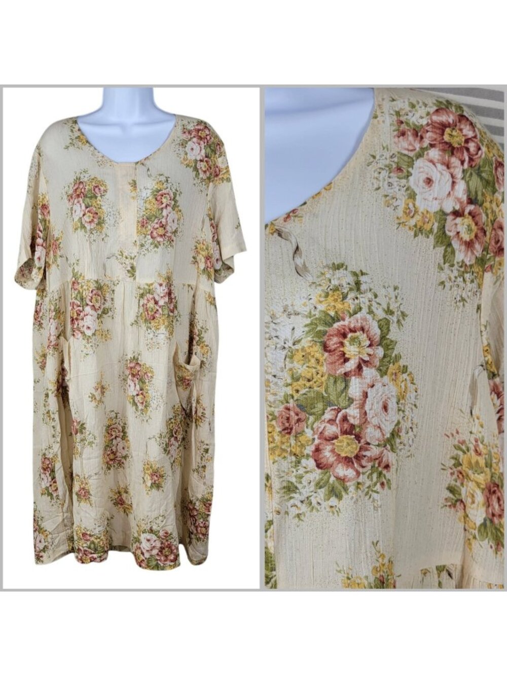 Shirt Dress Size 16 XL Floral Crepe Crinkle Cottagecore Slip Midi Vintage 90s